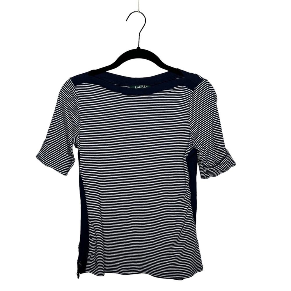 LAUREN RALPH LAUREN / navy blue white nautical striped short sleeve tee / S